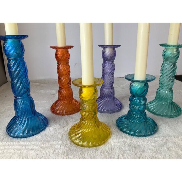 Vintage May Department St. Rainbow colorful glass candle stick holders set of 6 - Picture 3 of 16